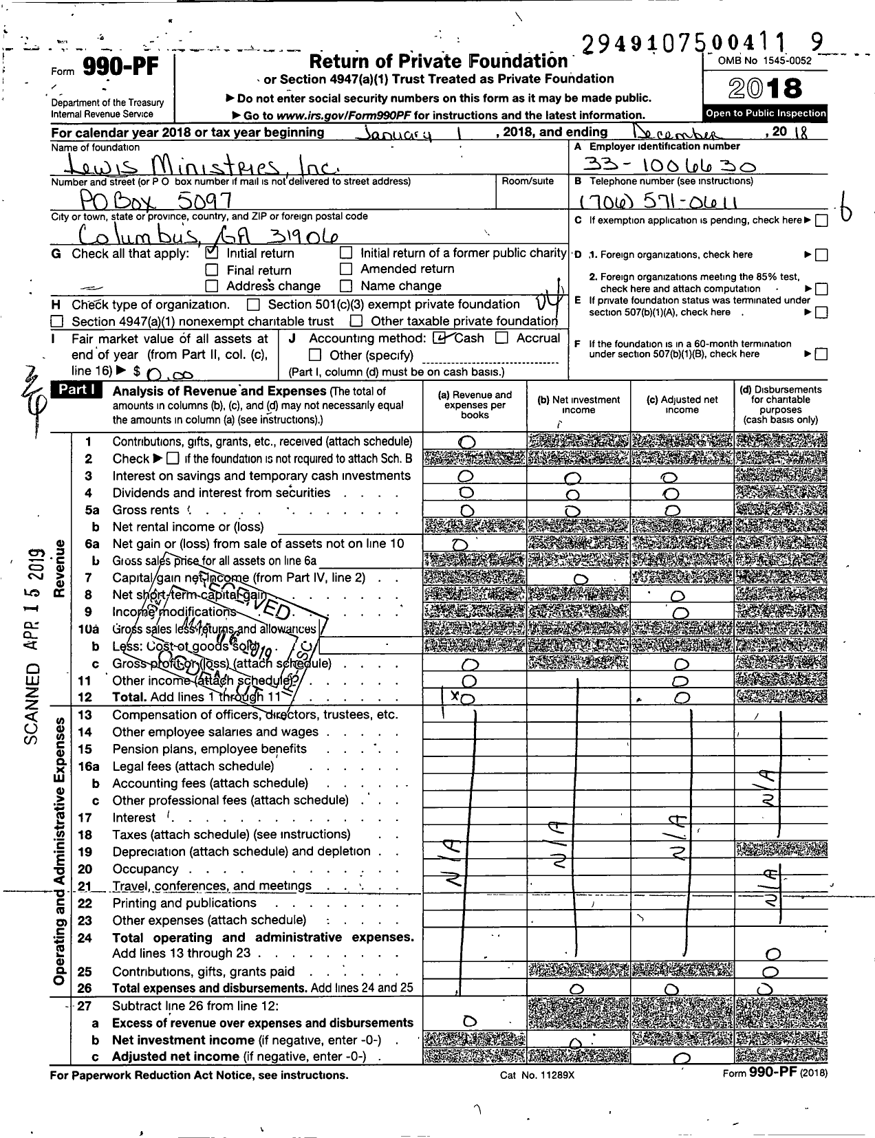 Image of first page of 2018 Form 990PF for Lewis Ministries