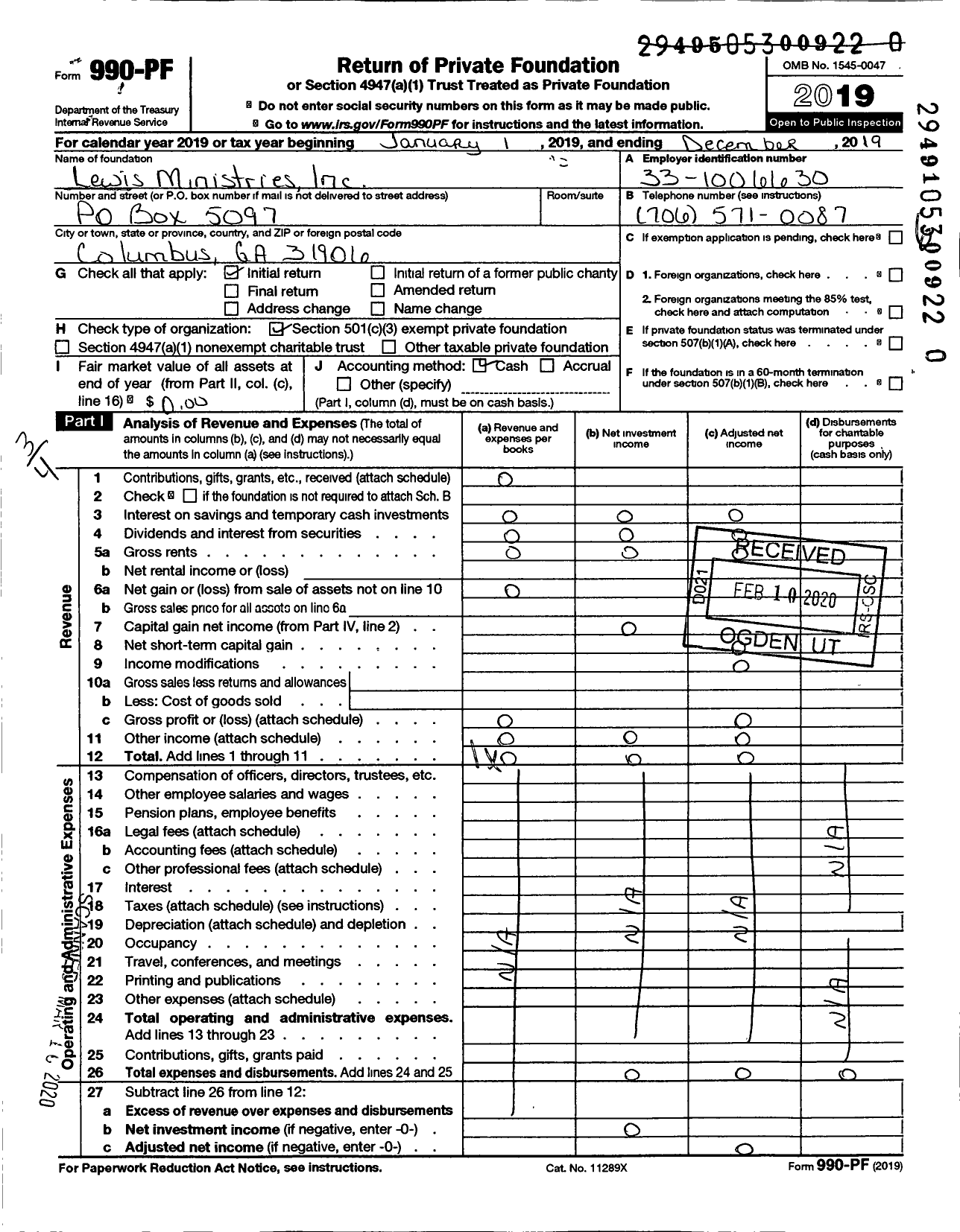 Image of first page of 2019 Form 990PR for Lewis Ministries