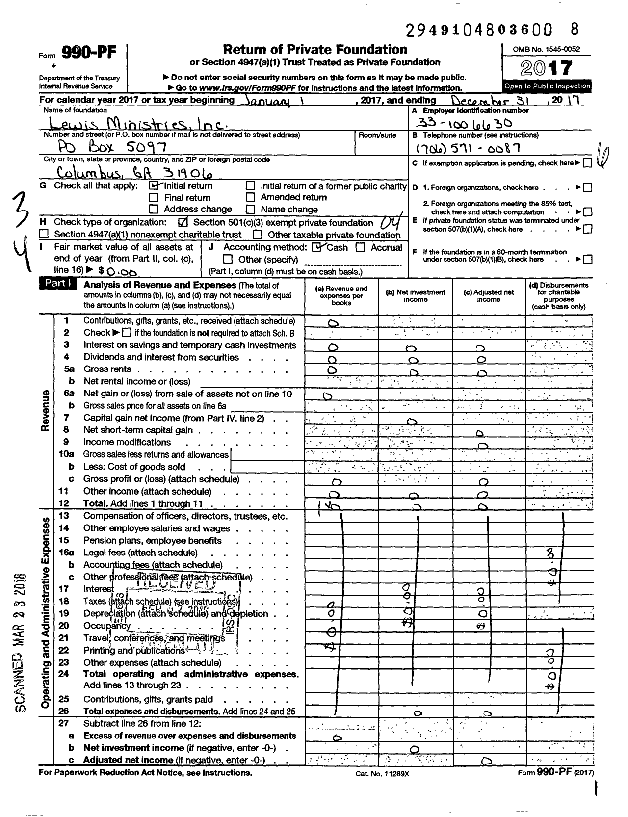 Image of first page of 2017 Form 990PF for Lewis Ministries
