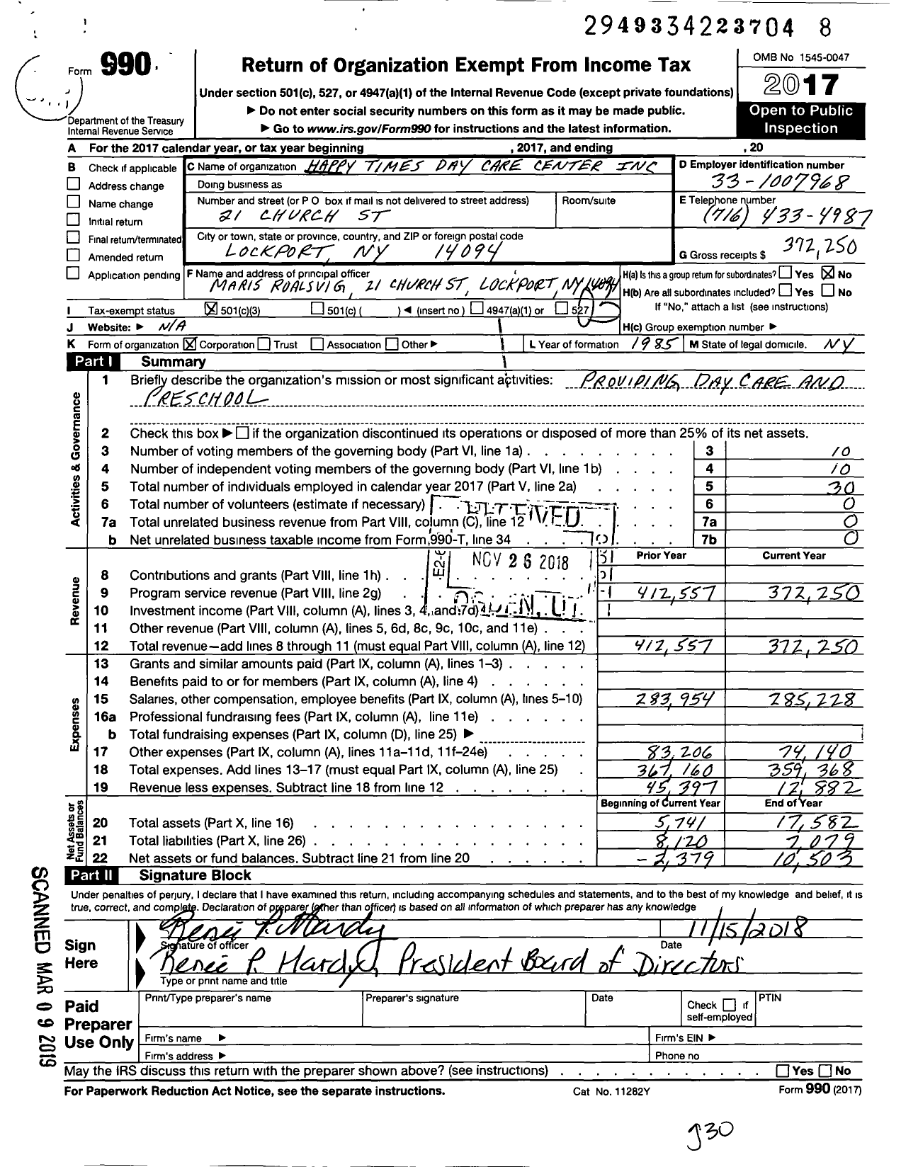 Image of first page of 2017 Form 990 for Happy Times Day Care Center