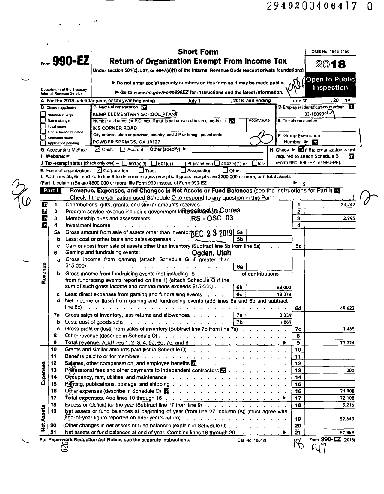 Image of first page of 2018 Form 990EZ for Georgia PTA - Kemp Es PTA