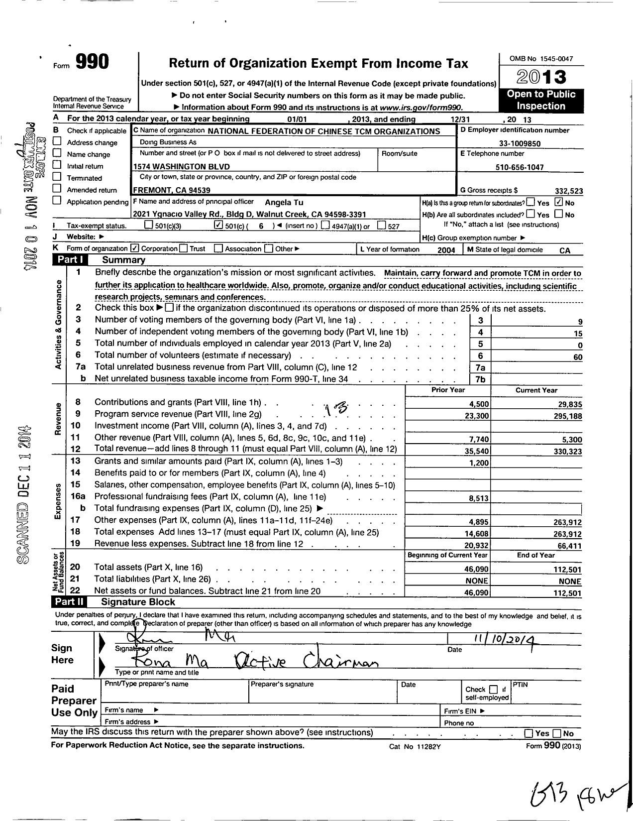 Image of first page of 2013 Form 990O for National Federation of Chinese TCM Organization