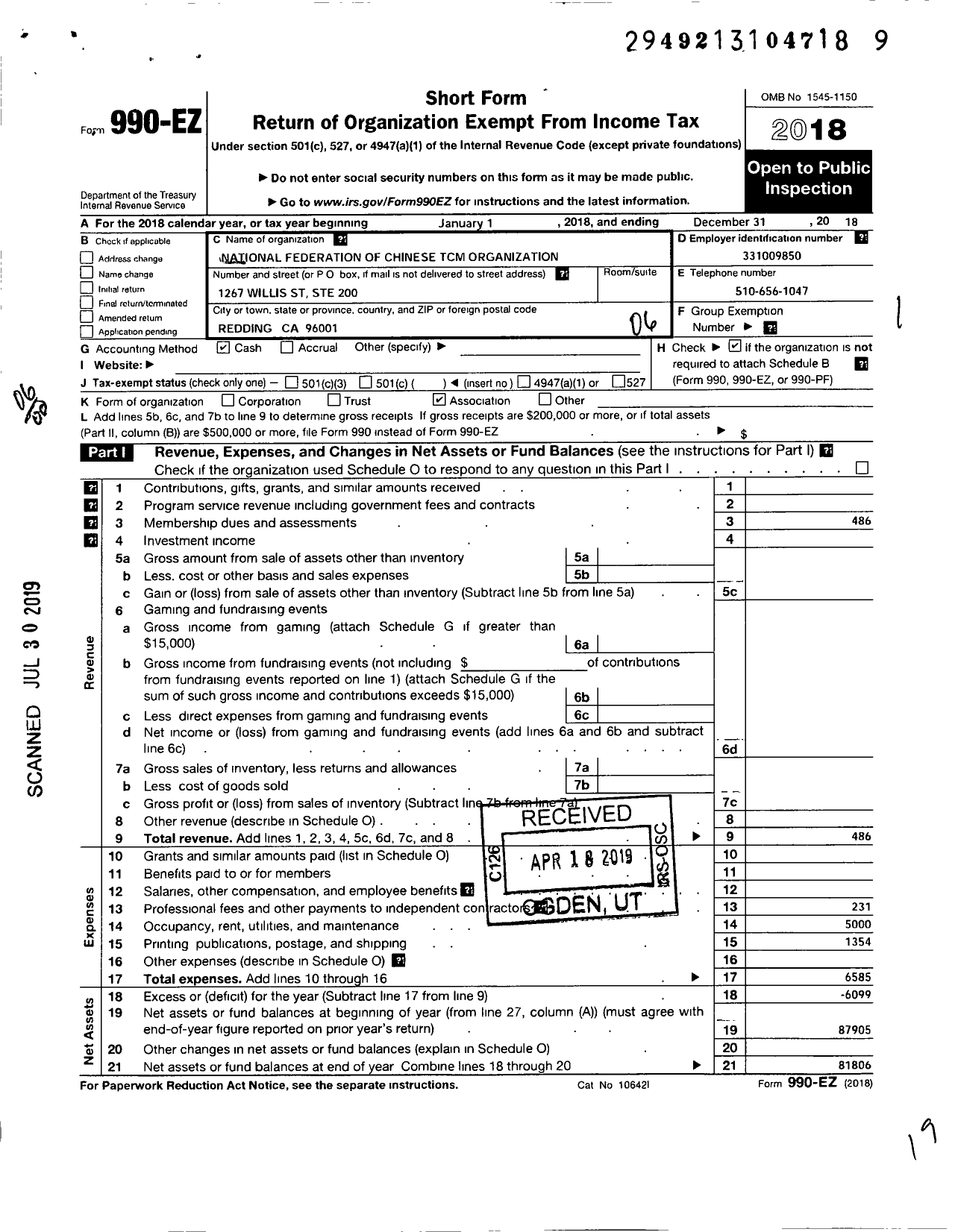 Image of first page of 2018 Form 990EO for National Federation of Chinese TCM Organization