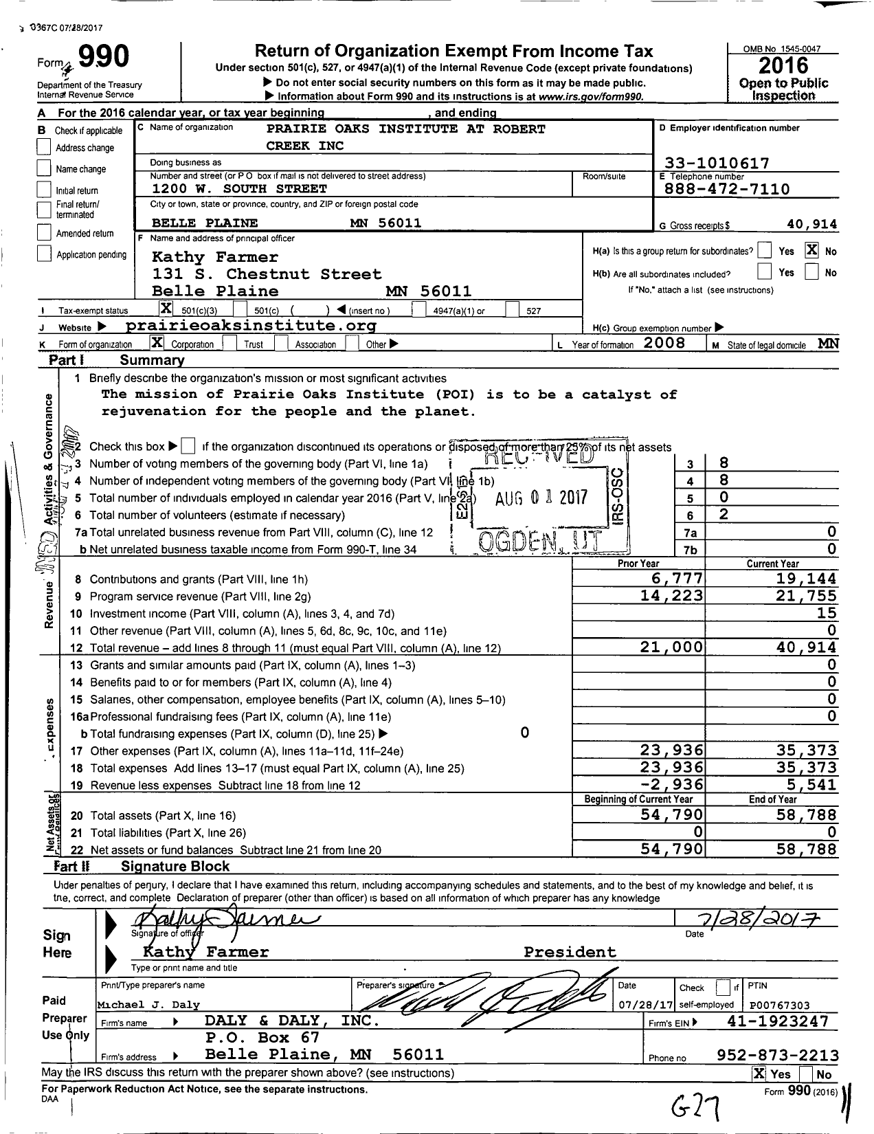 Image of first page of 2016 Form 990 for Prairie Oaks Institute at Robert Creek