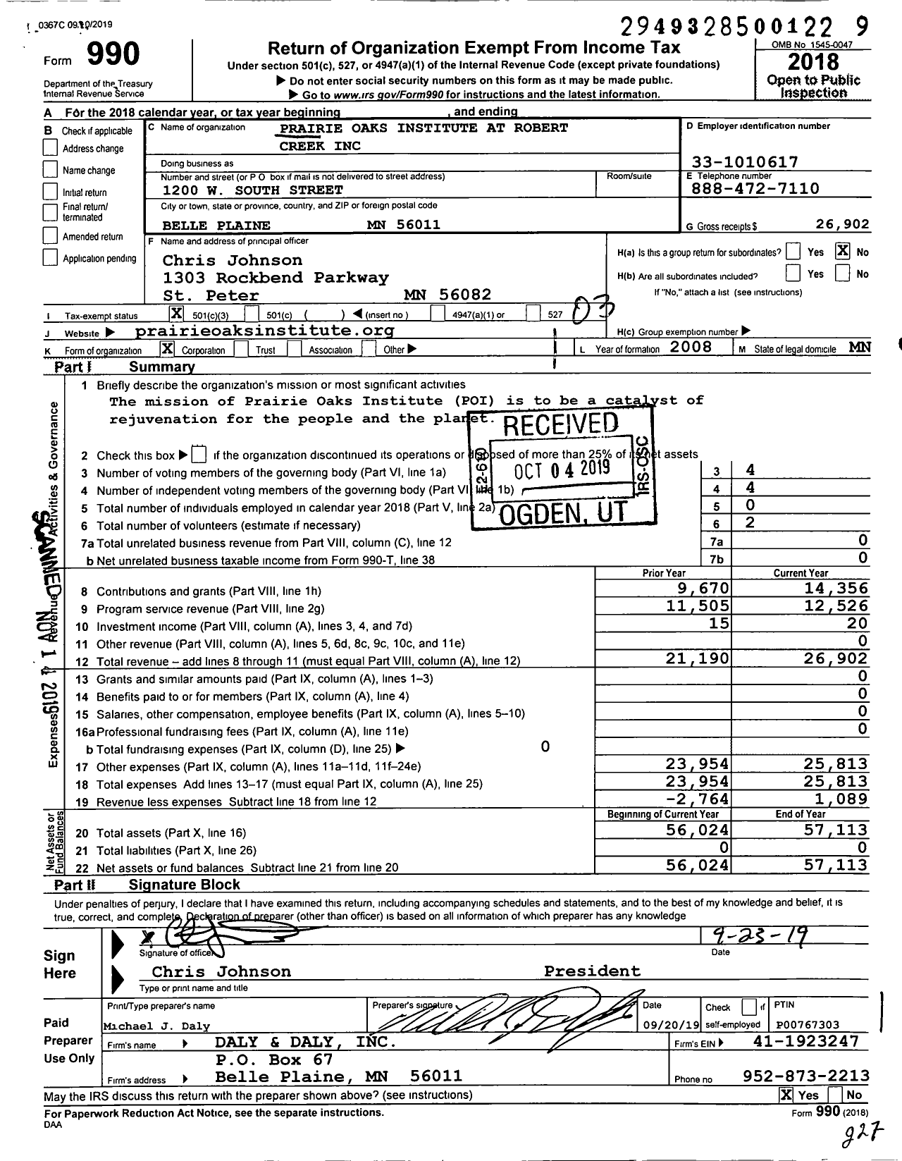 Image of first page of 2018 Form 990 for Prairie Oaks Institute at Robert Creek