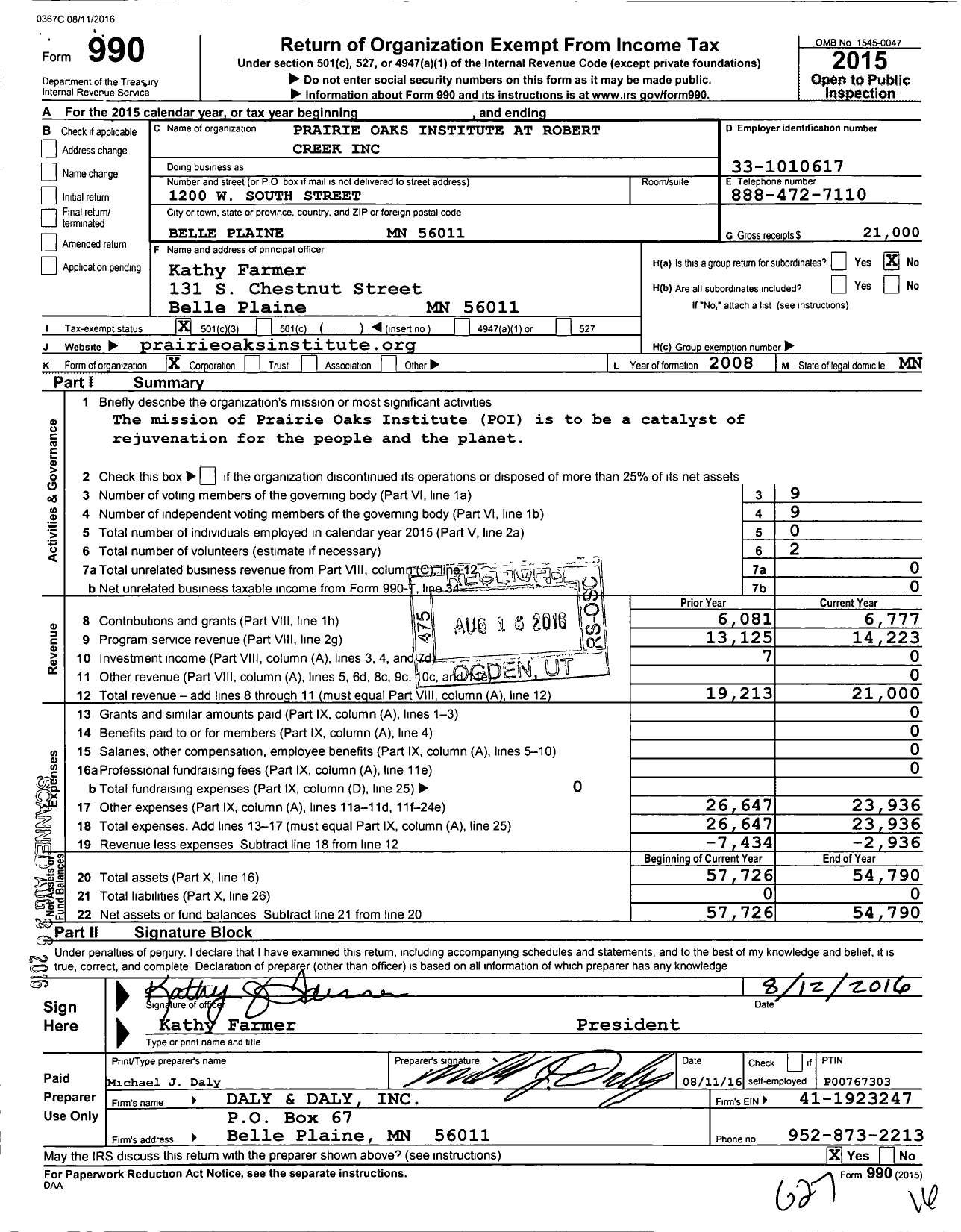 Image of first page of 2015 Form 990 for Prairie Oaks Institute at Robert Creek