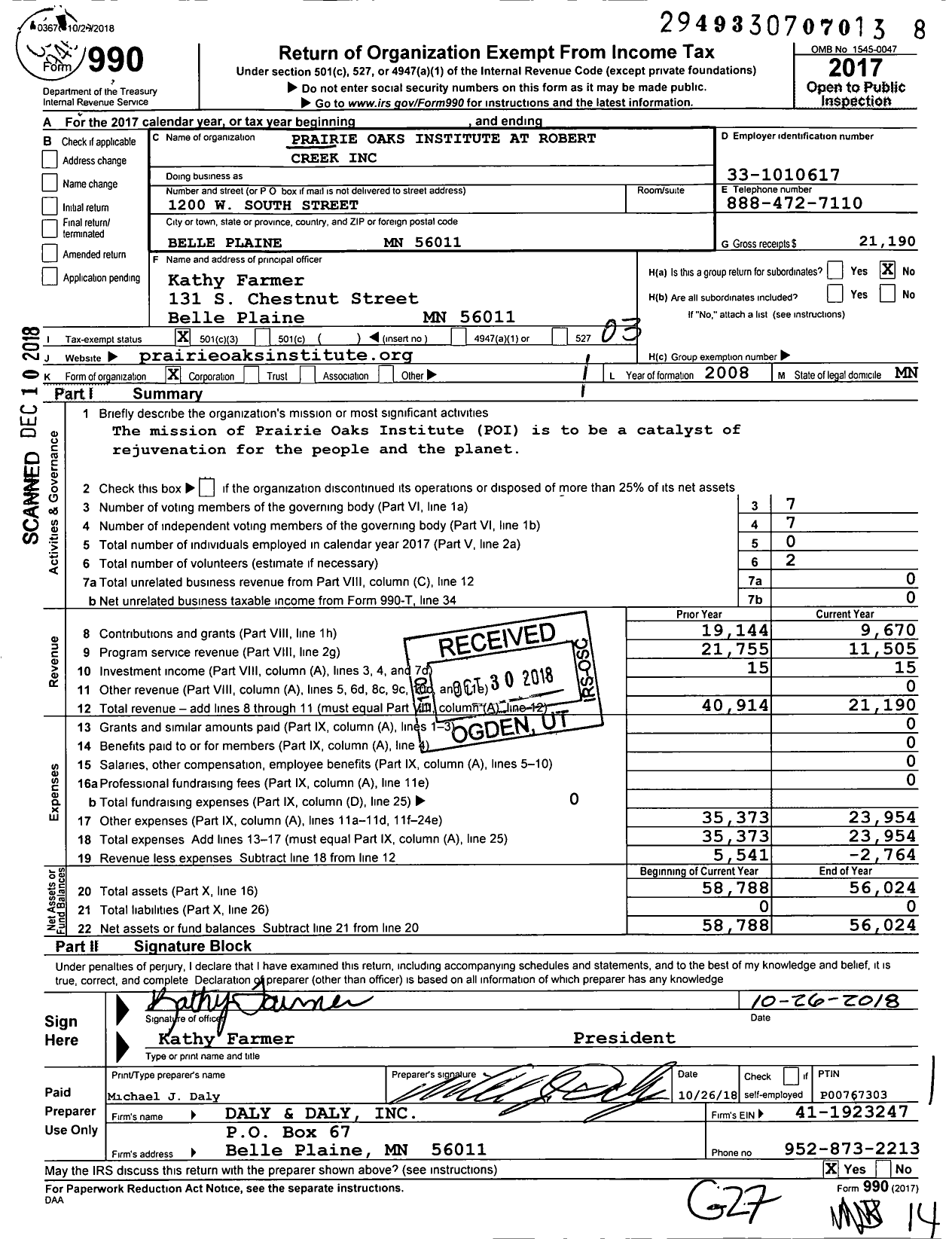 Image of first page of 2017 Form 990 for Prairie Oaks Institute at Robert Creek