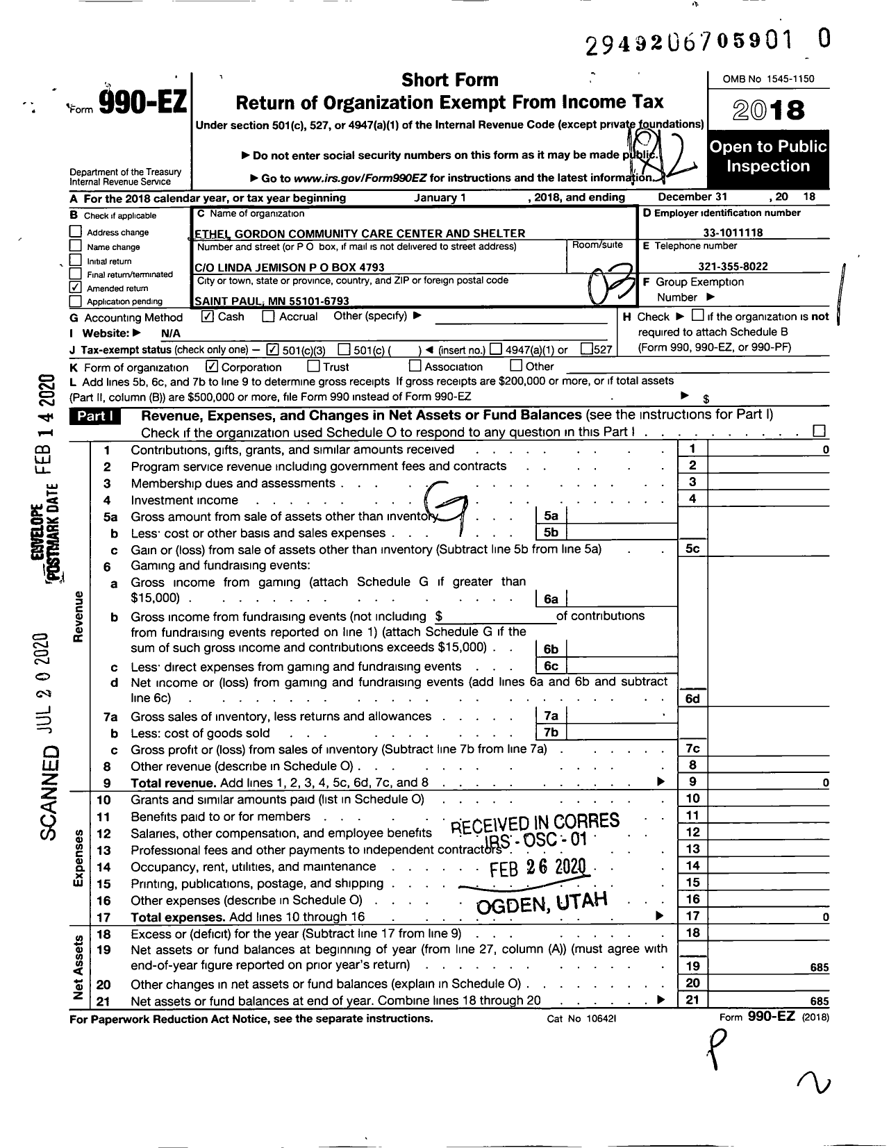 Image of first page of 2018 Form 990EZ for Ethel Gordon Community Care Center and Shelter