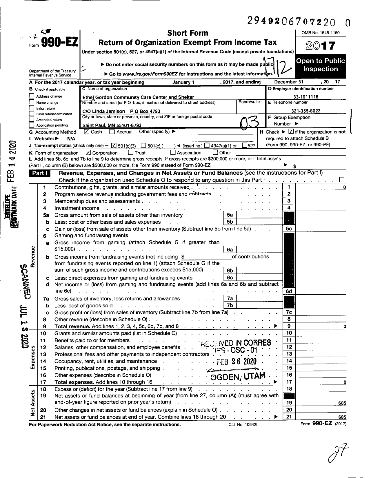 Image of first page of 2017 Form 990EZ for Ethel Gordon Community Care Center and Shelter