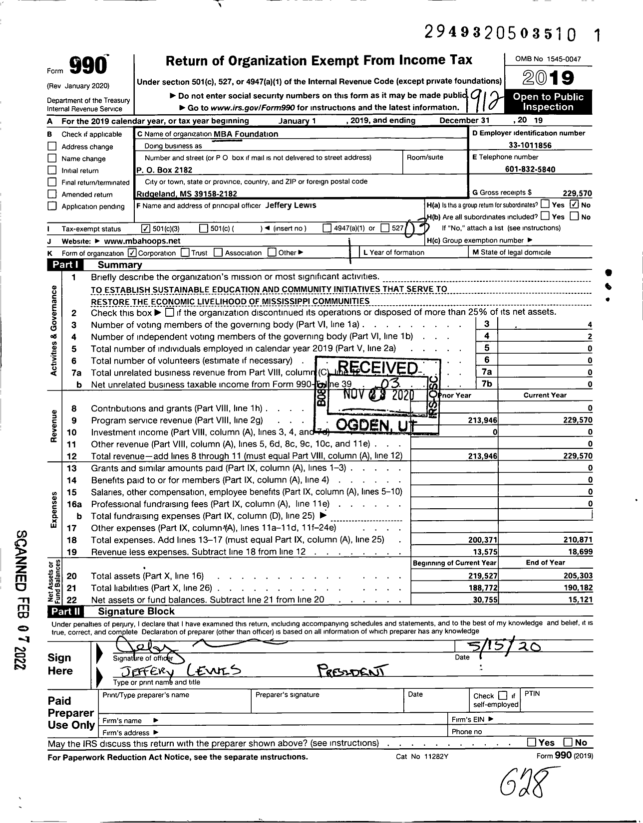 Image of first page of 2019 Form 990 for MBA Foundation