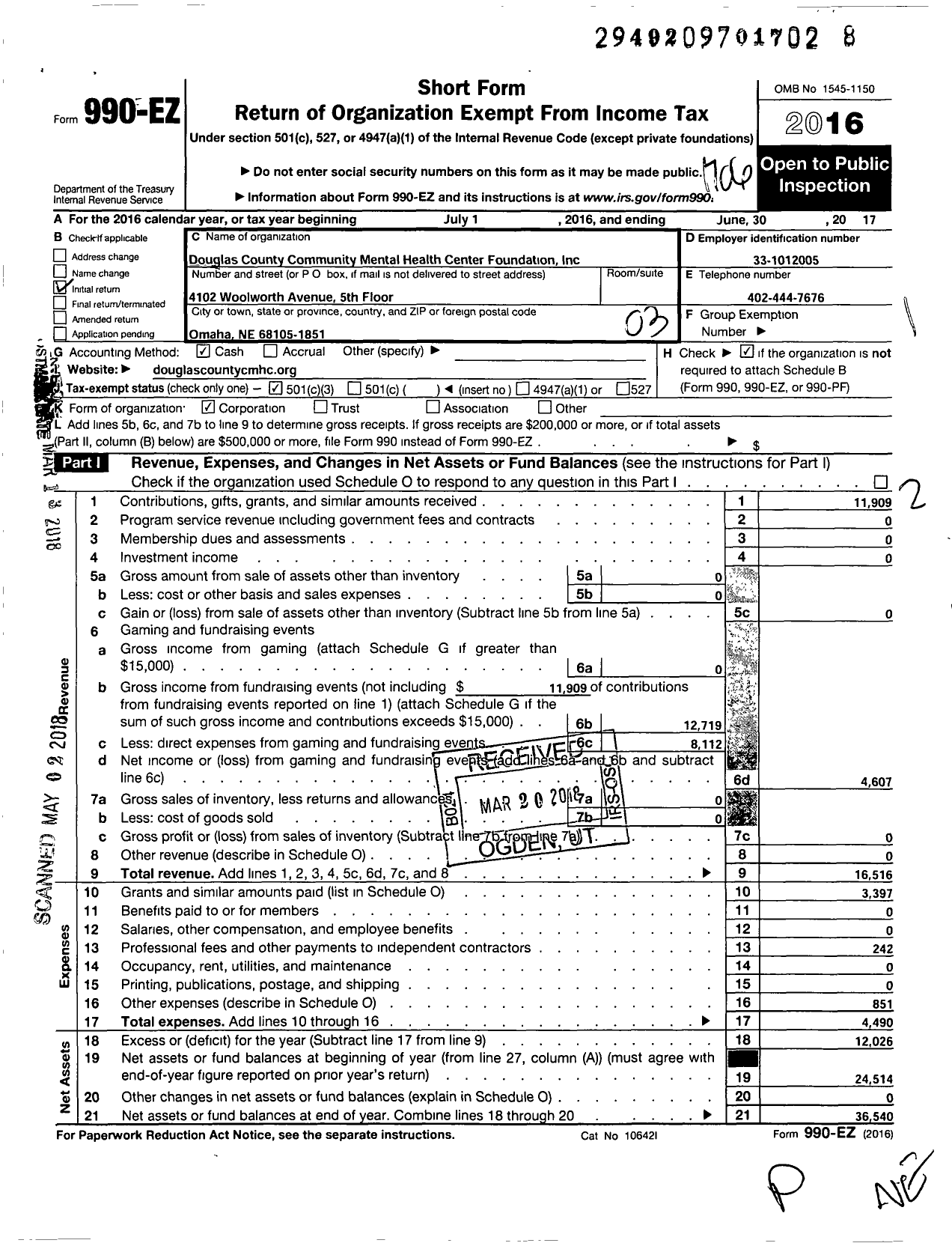 Image of first page of 2016 Form 990EZ for Douglas County Community Mental Health Center Foundation