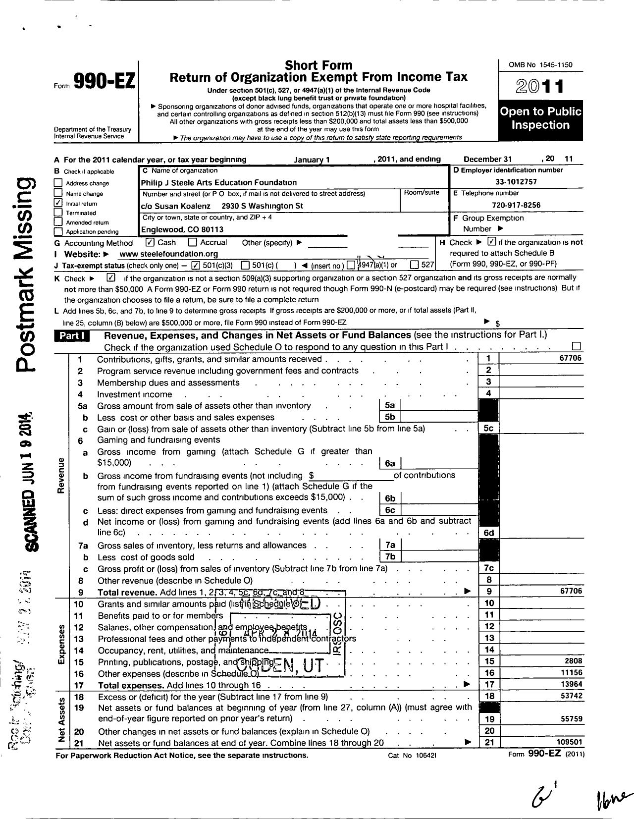 Image of first page of 2011 Form 990EZ for Philip J Steele Arts Education Foundationninc