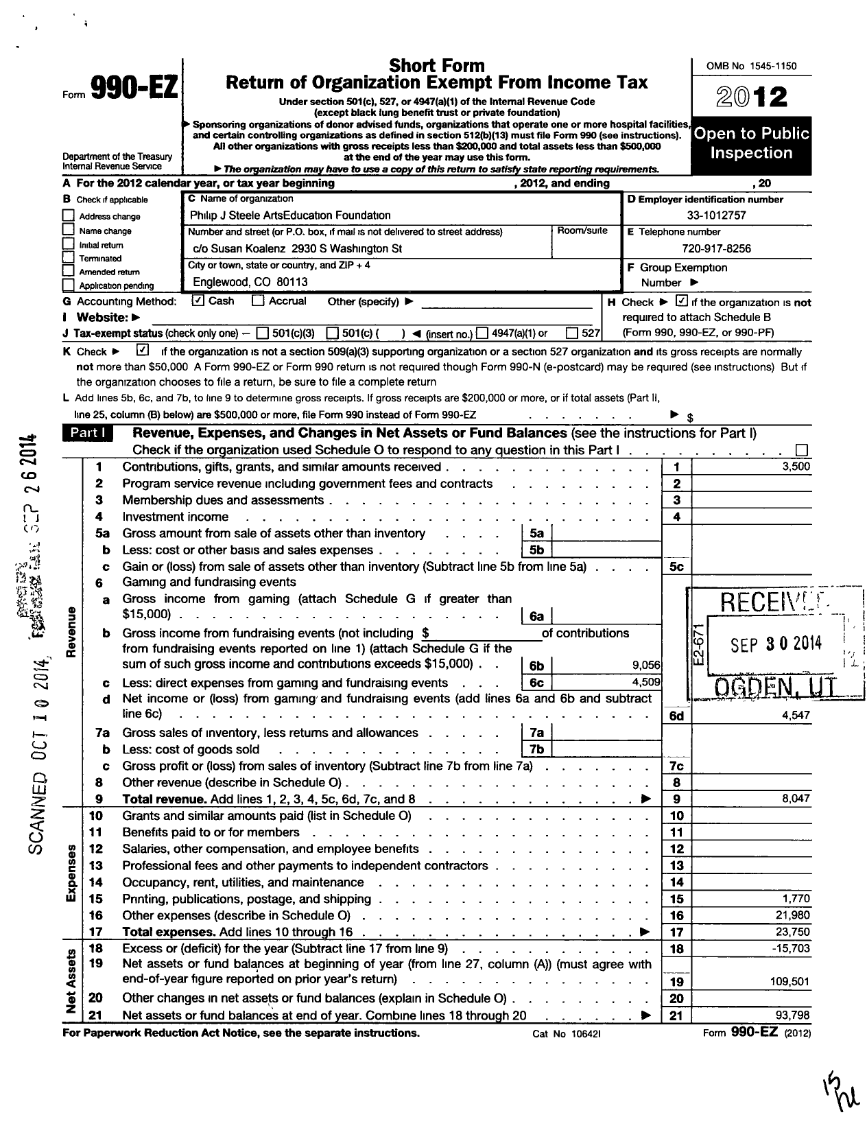 Image of first page of 2012 Form 990EO for Philip J Steele Arts Education Foundationninc