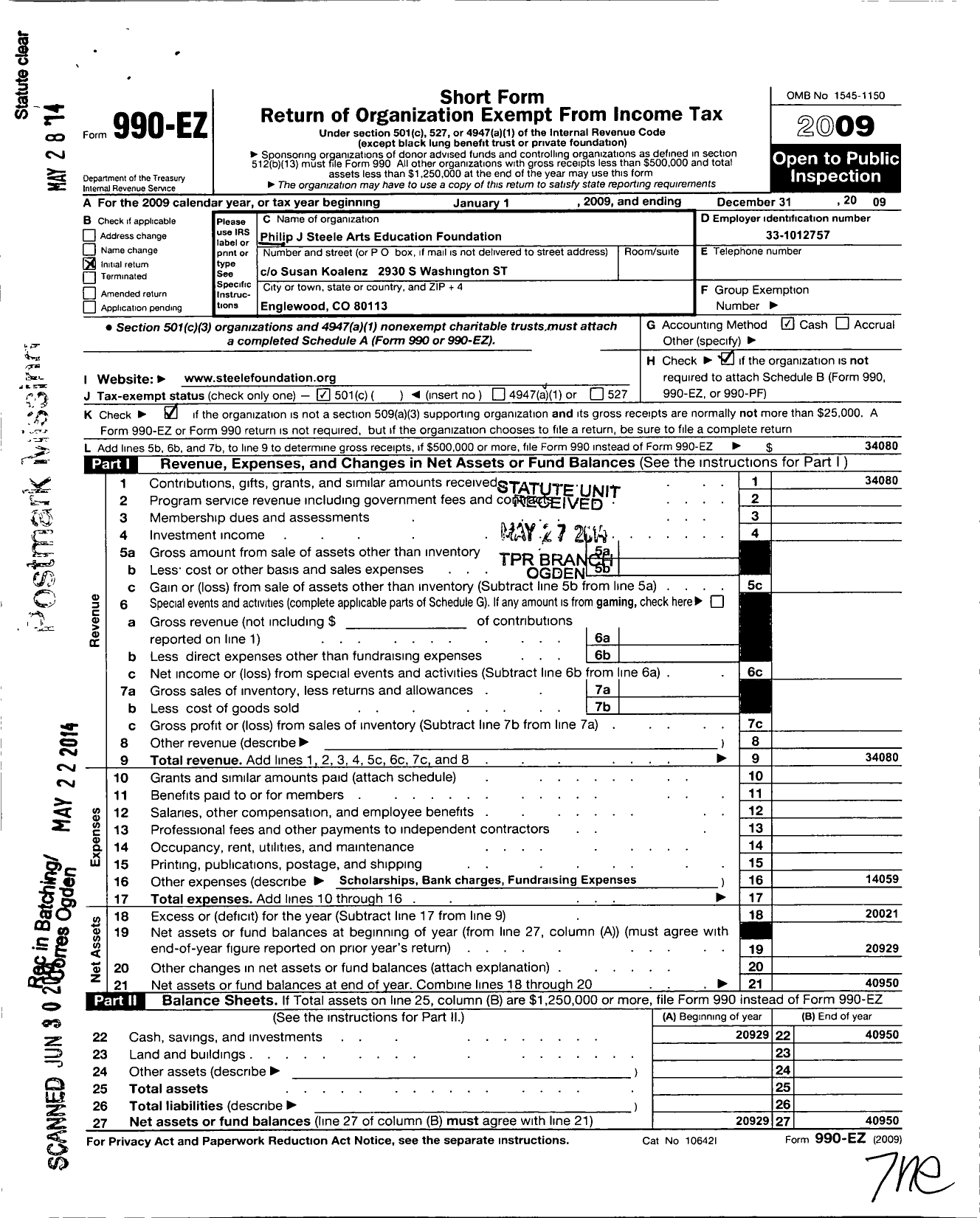 Image of first page of 2009 Form 990EO for Philip J Steele Arts Education Foundationninc