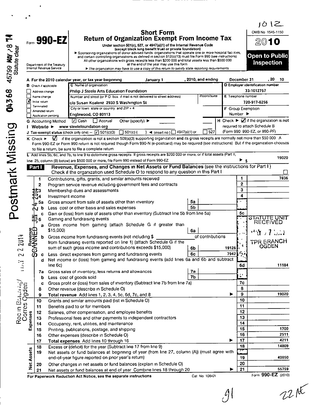 Image of first page of 2010 Form 990EZ for Philip J Steele Arts Education Foundationninc