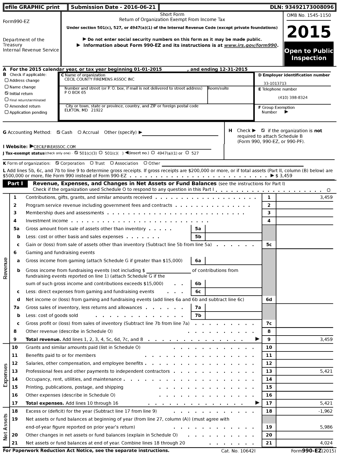 Image of first page of 2015 Form 990EZ for Cecil County Firemens Association