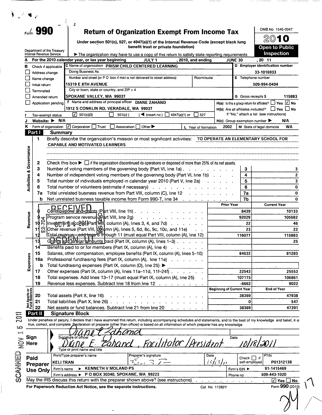 Image of first page of 2010 Form 990 for Prism Child Centered Learning