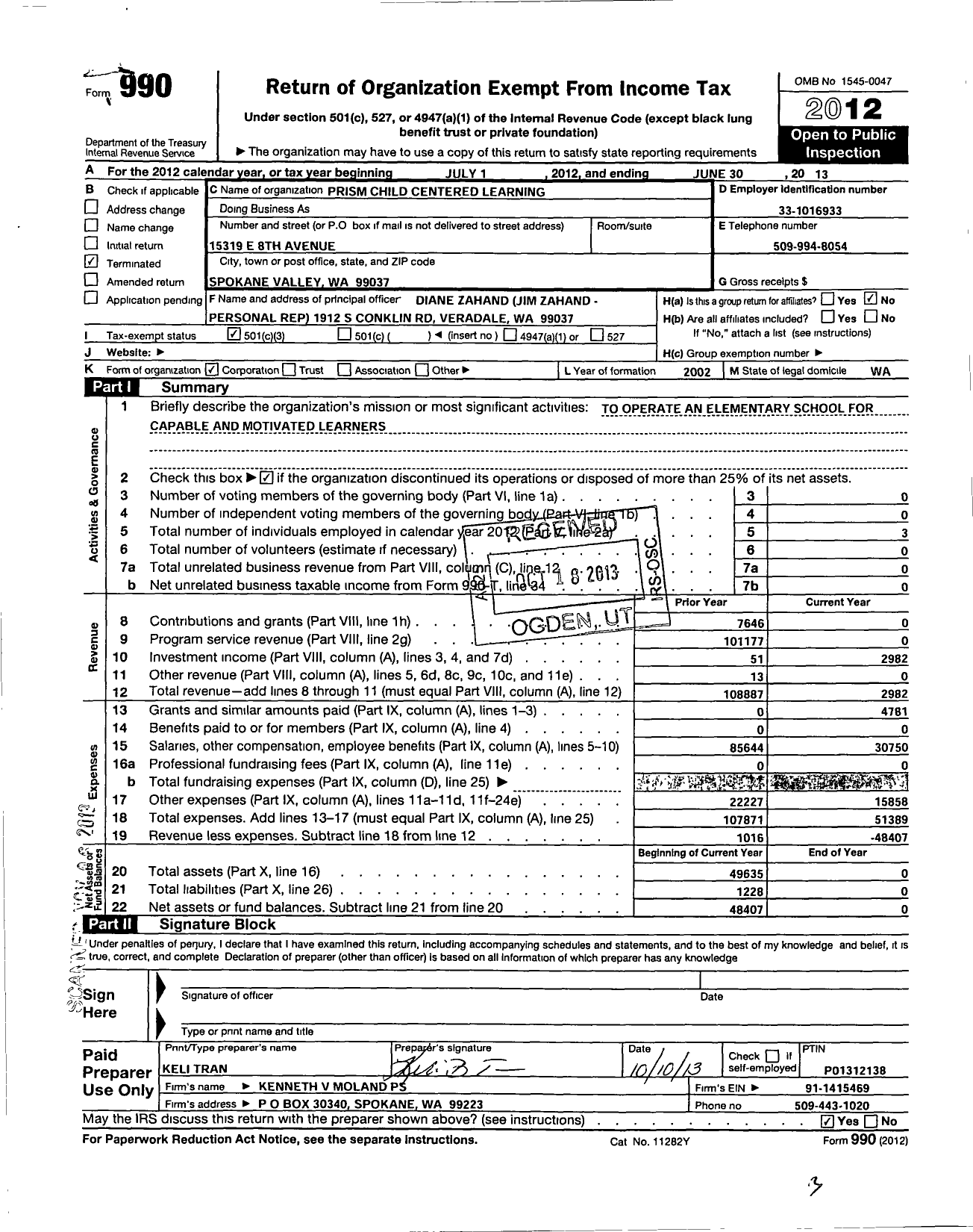 Image of first page of 2012 Form 990 for Prism Child Centered Learning