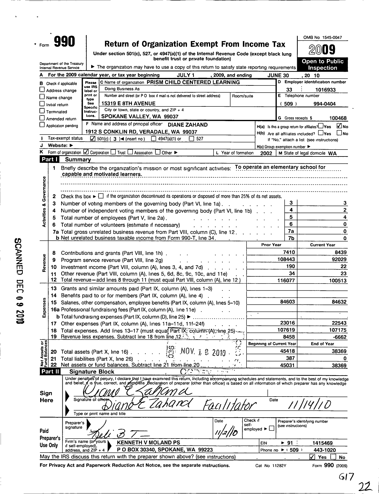 Image of first page of 2009 Form 990 for Prism Child Centered Learning