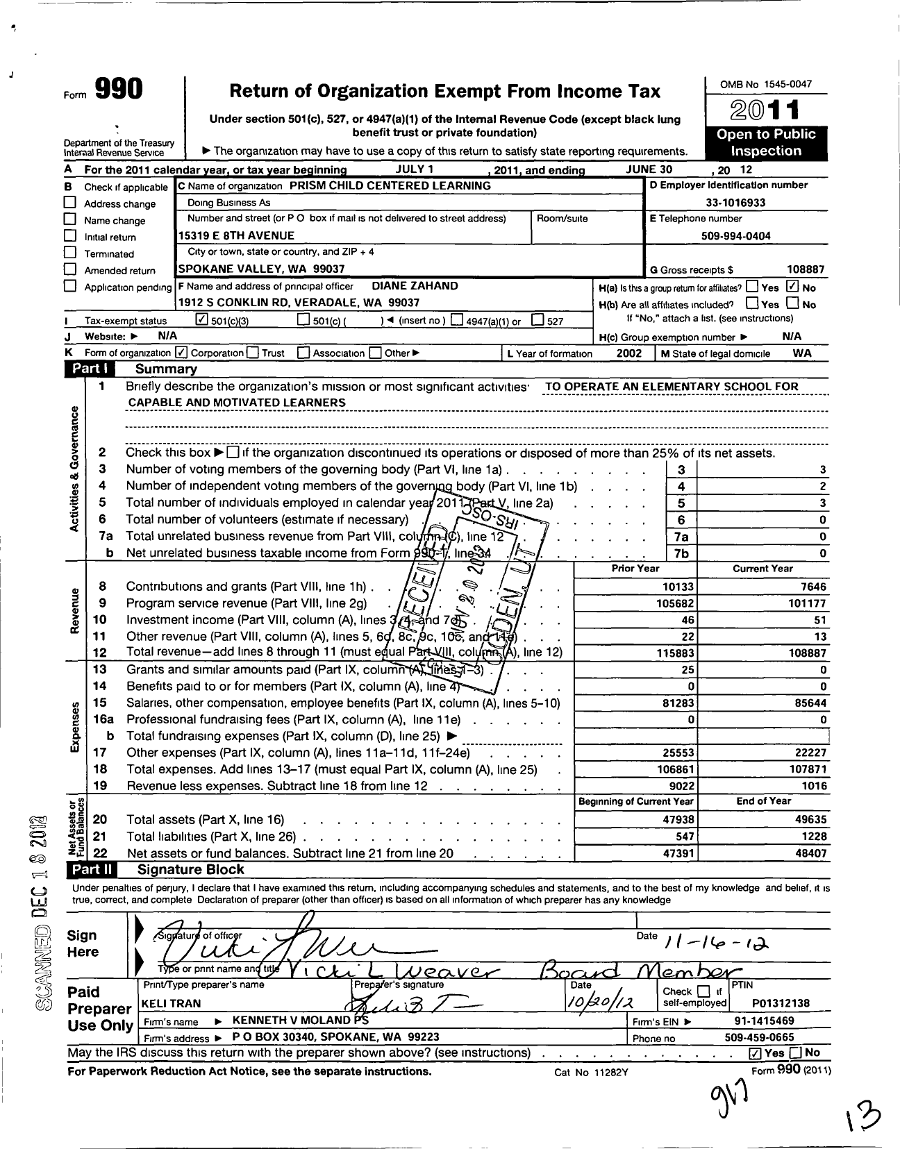 Image of first page of 2011 Form 990 for Prism Child Centered Learning