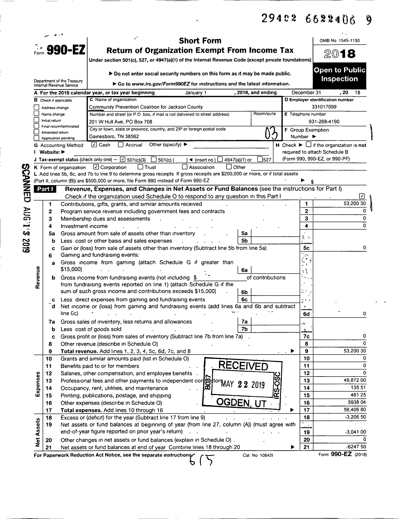 Image of first page of 2018 Form 990EZ for Community Prevention Coalition of Jackson County