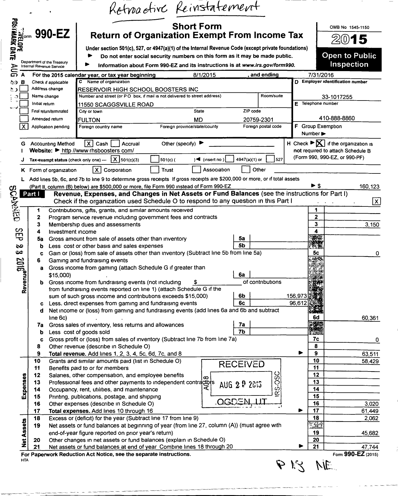 Image of first page of 2015 Form 990EZ for Reservoir High School Boosters
