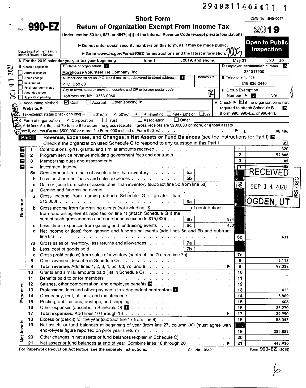 Image of first page of 2019 Form 990EO for Morehouse Volunteer Fire Company