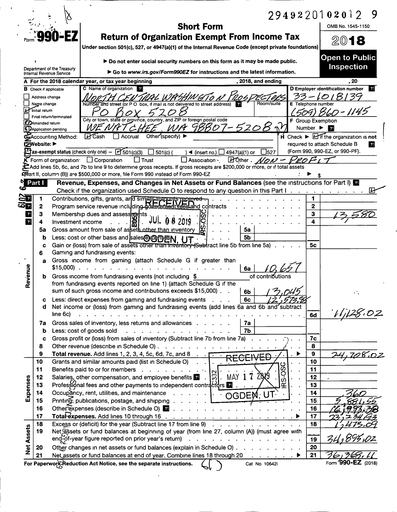 Image of first page of 2018 Form 990EZ for North Central Washington Prospectors