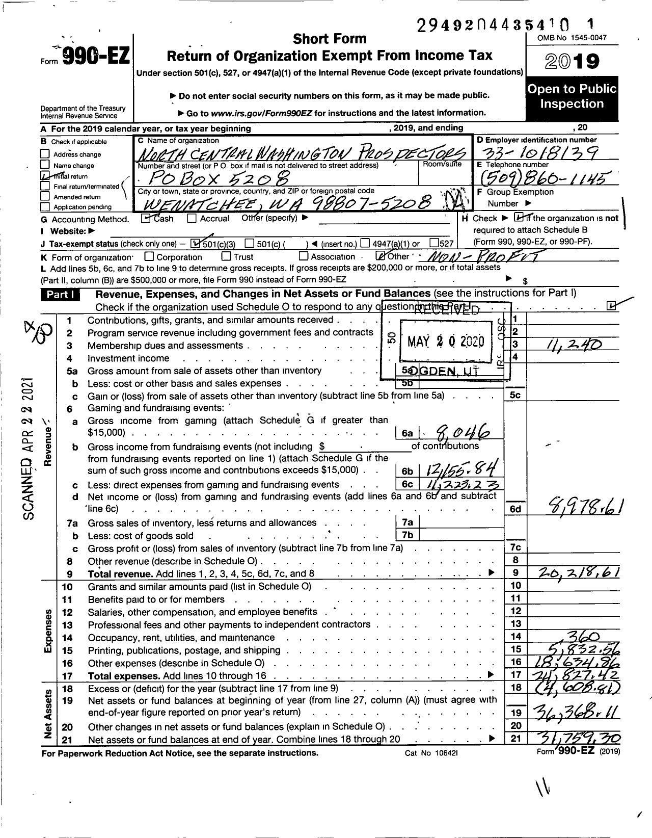 Image of first page of 2019 Form 990EO for North Central Washington Prospectors