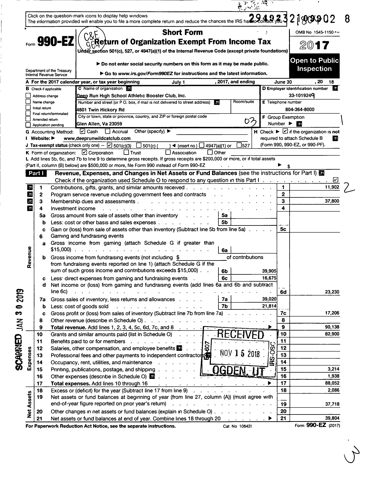 Image of first page of 2017 Form 990EZ for Deep Run High School Athletic Booster Club