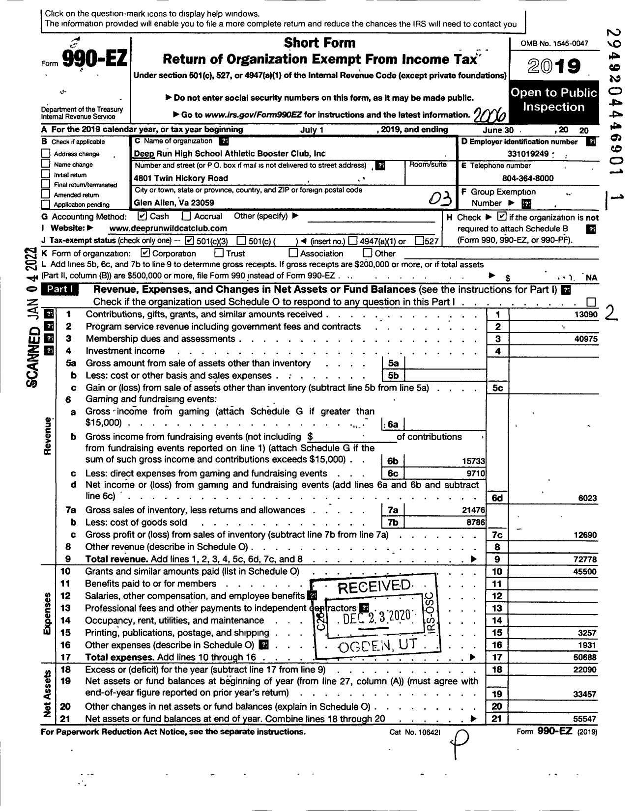 Image of first page of 2019 Form 990EZ for Deep Run High School Athletic Booster Club