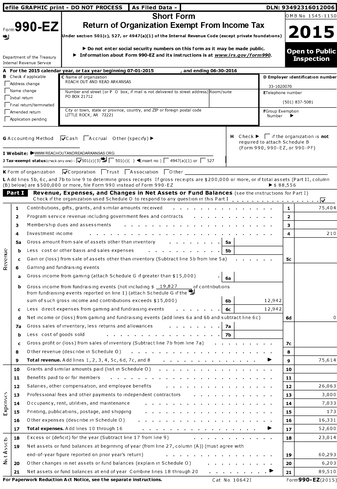 Image of first page of 2015 Form 990EZ for Reach Out and Read Arkansas