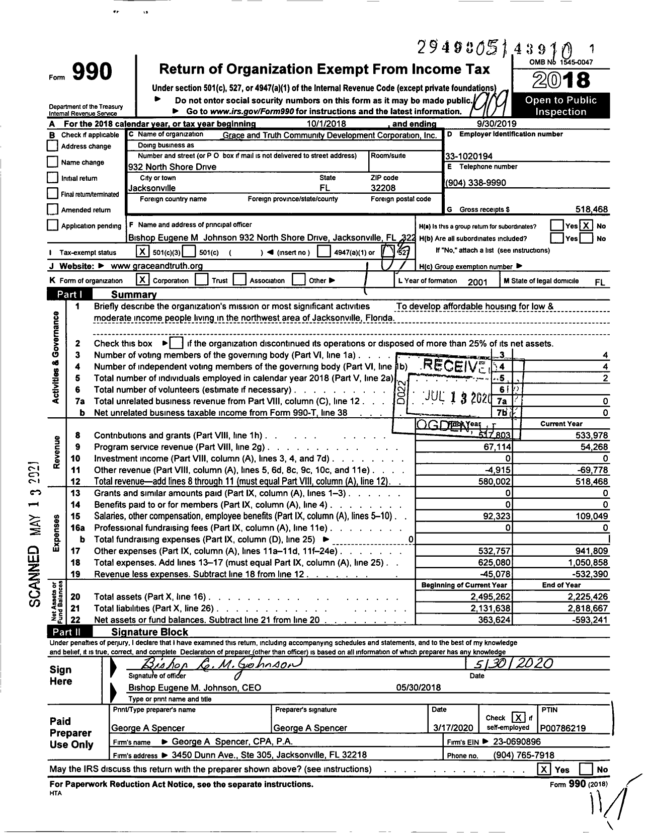 Image of first page of 2018 Form 990 for Grace and Truth Community Development Corporation