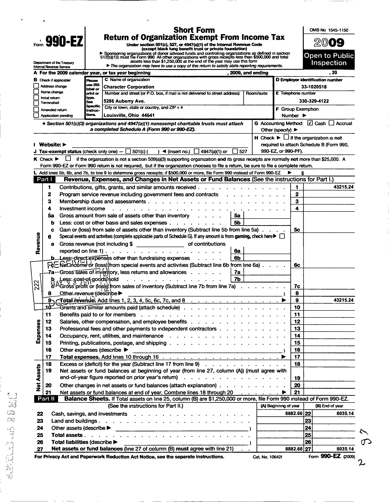 Image of first page of 2009 Form 990EO for Character Corporation