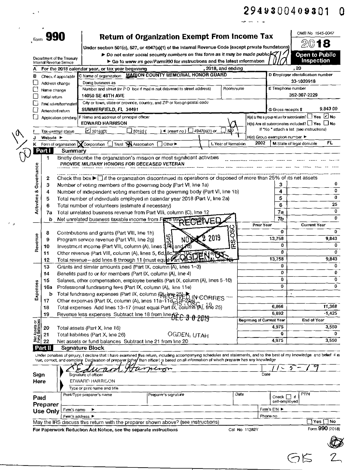 Image of first page of 2018 Form 990O for Veterans Memorial Honor Guard