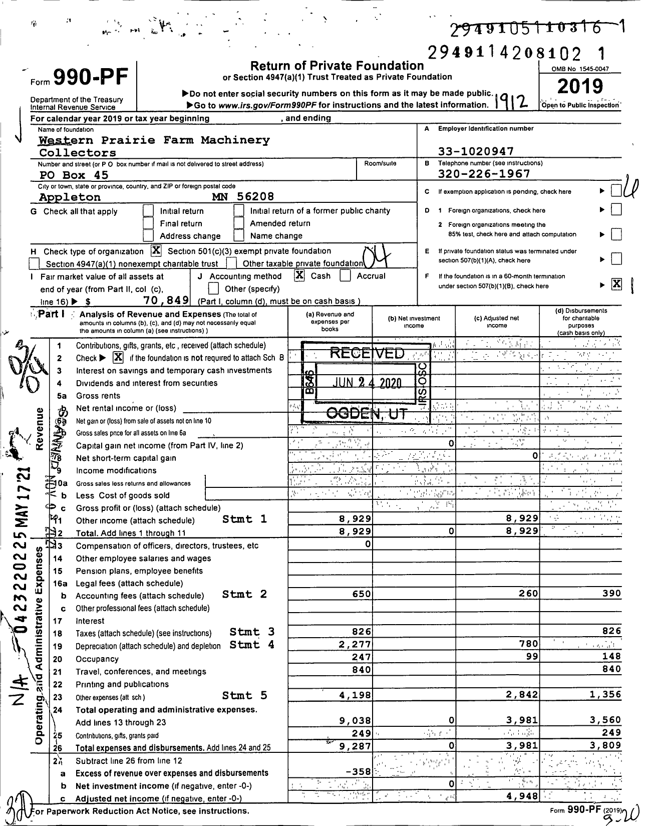 Image of first page of 2019 Form 990PF for Western Prairie Farm Machinery Collectors