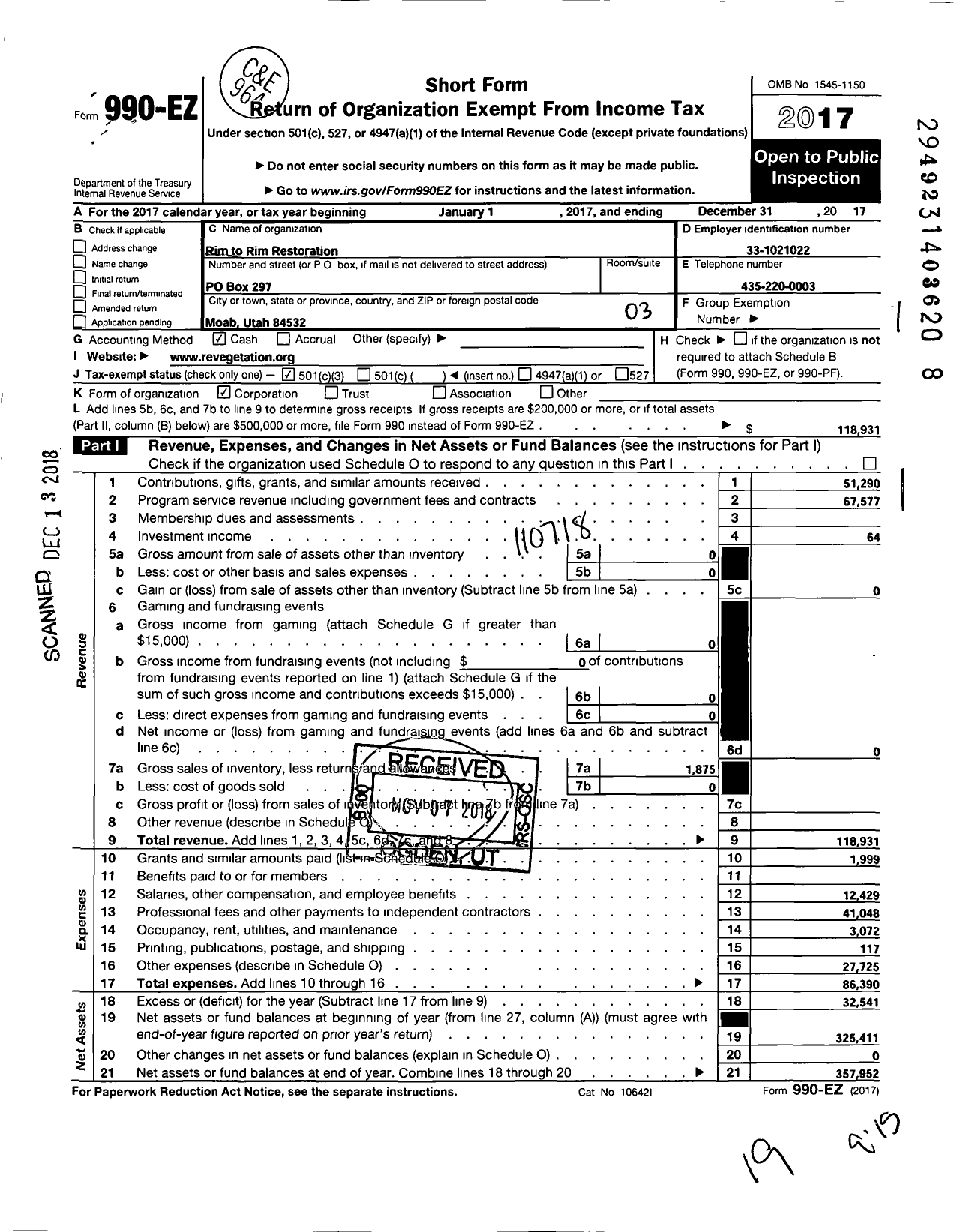 Image of first page of 2017 Form 990EZ for Rim To Rim Restoration