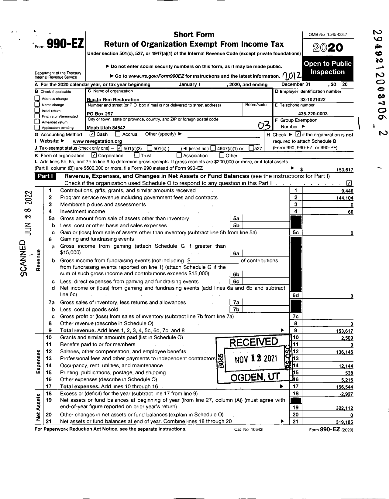 Image of first page of 2020 Form 990EZ for Rim To Rim Restoration