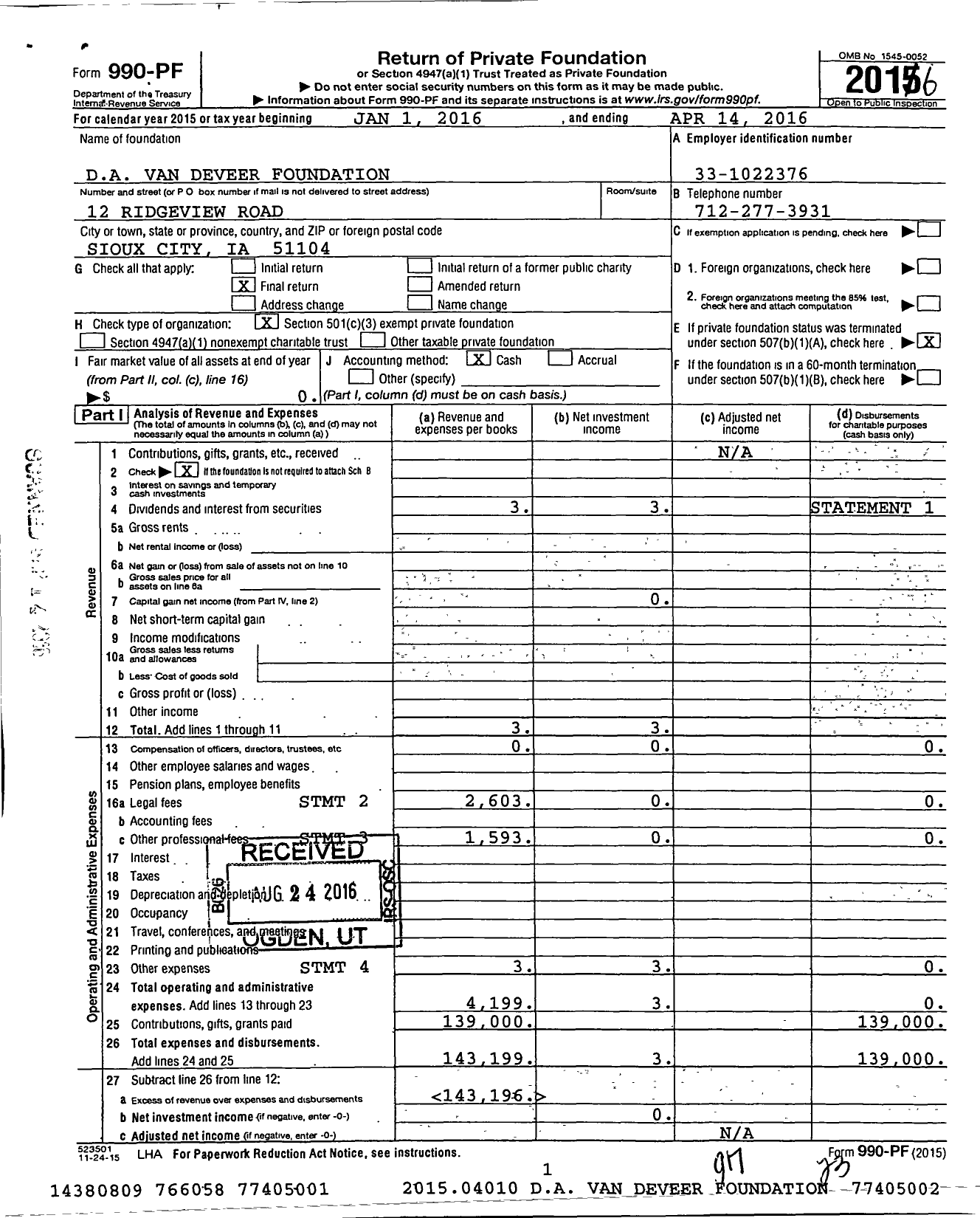 Image of first page of 2015 Form 990PF for Da Van Deveer Foundation