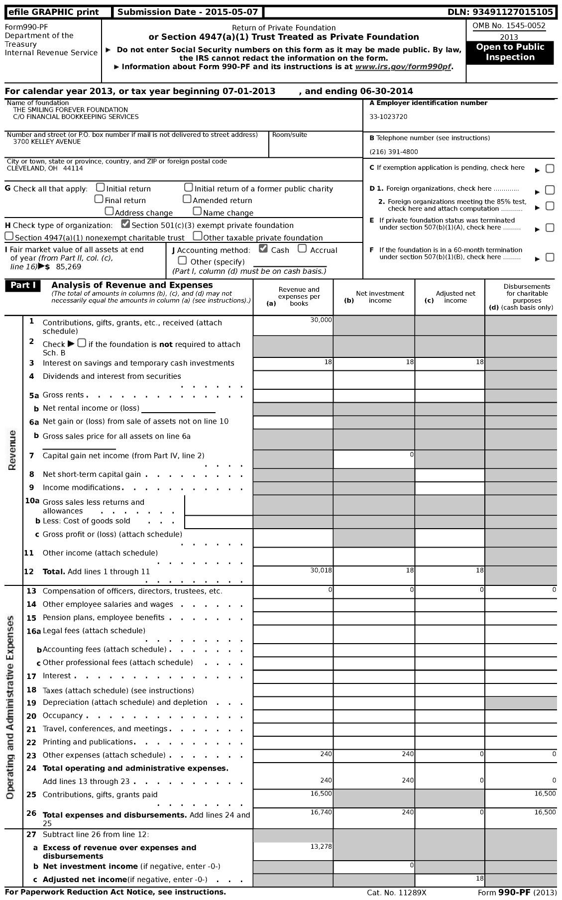 Image of first page of 2013 Form 990PF for The Smiling Forever Foundation