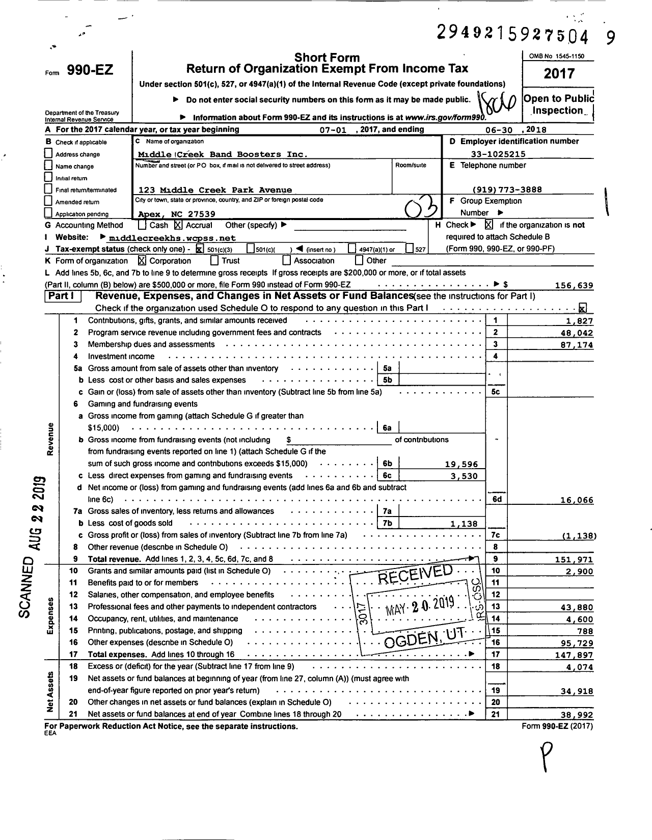 Image of first page of 2017 Form 990EZ for Middle Creek Band Boosters