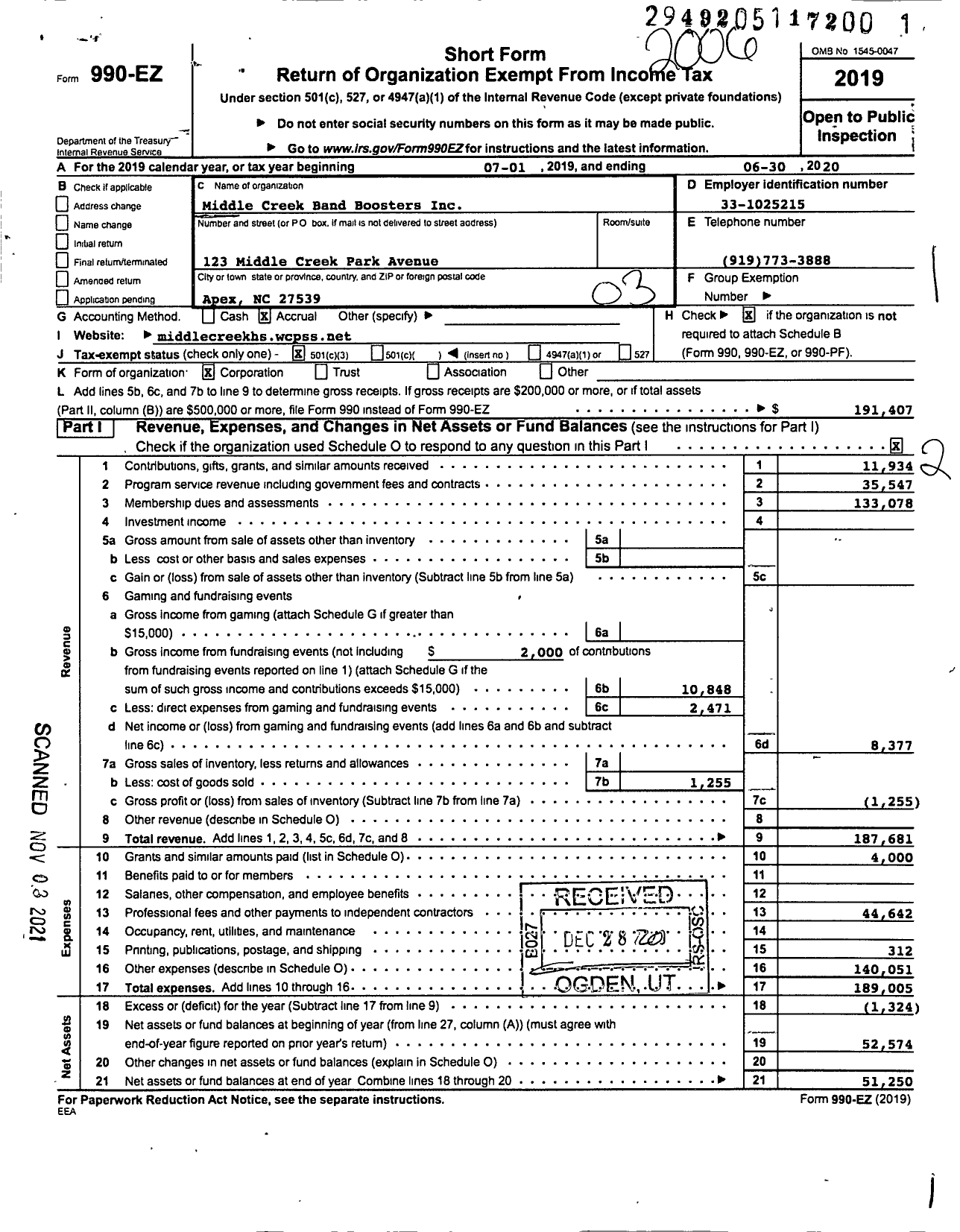 Image of first page of 2019 Form 990EZ for Middle Creek Band Boosters