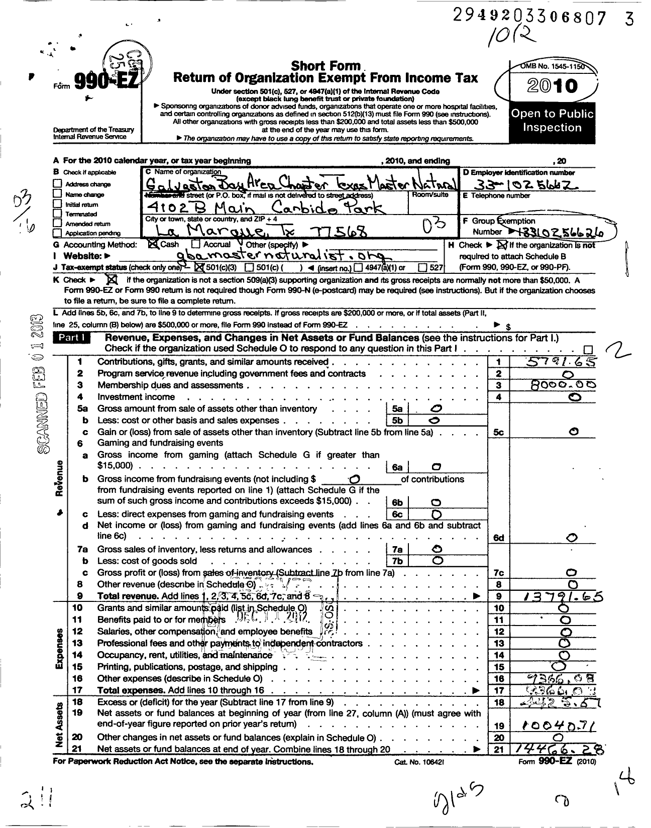 Image of first page of 2010 Form 990ER for Galveston Bay Area Chapter-Texas Master Naturalist