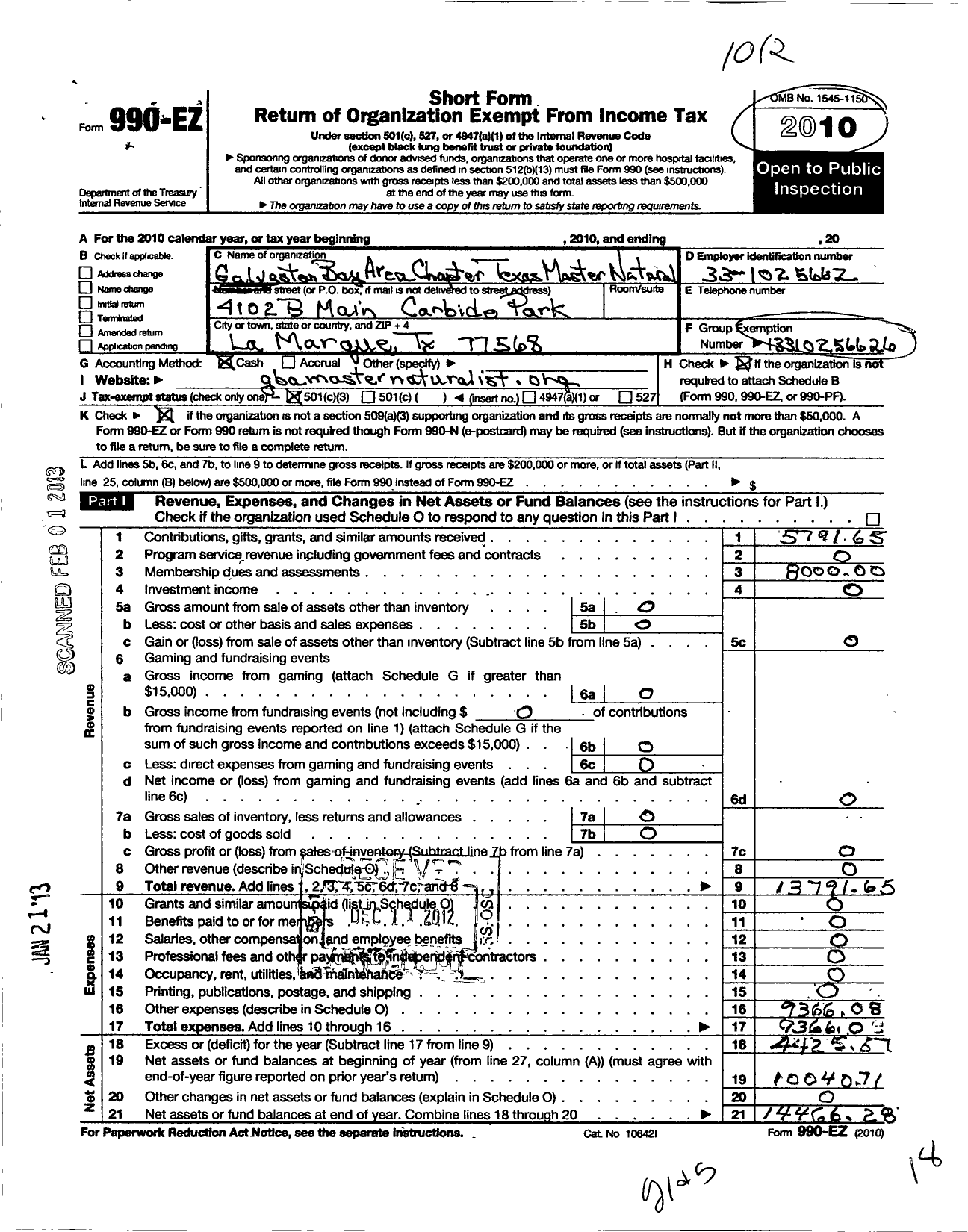 Image of first page of 2010 Form 990EZ for Galveston Bay Area Chapter-Texas Master Naturalist