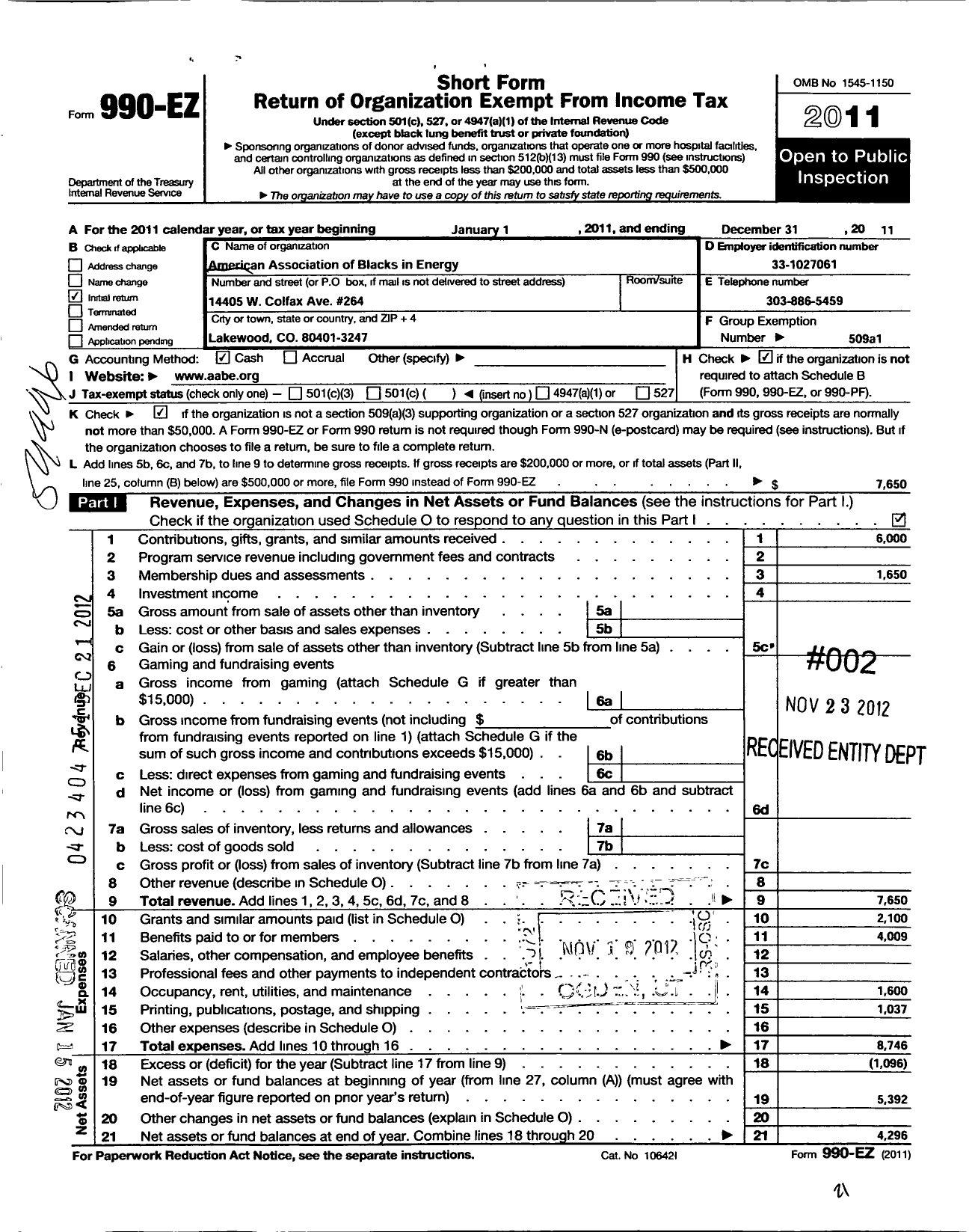 Image of first page of 2011 Form 990EO for American Association of Blacks in Energy Denver Area Chapter