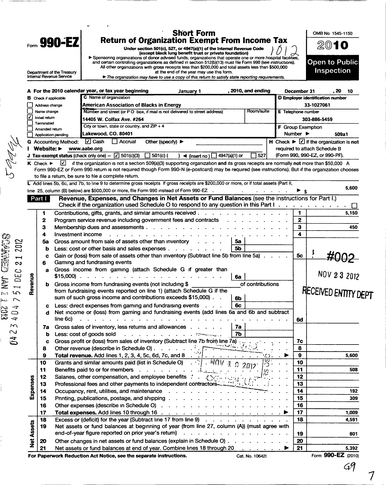 Image of first page of 2010 Form 990EZ for American Association of Blacks in Energy Denver Area Chapter