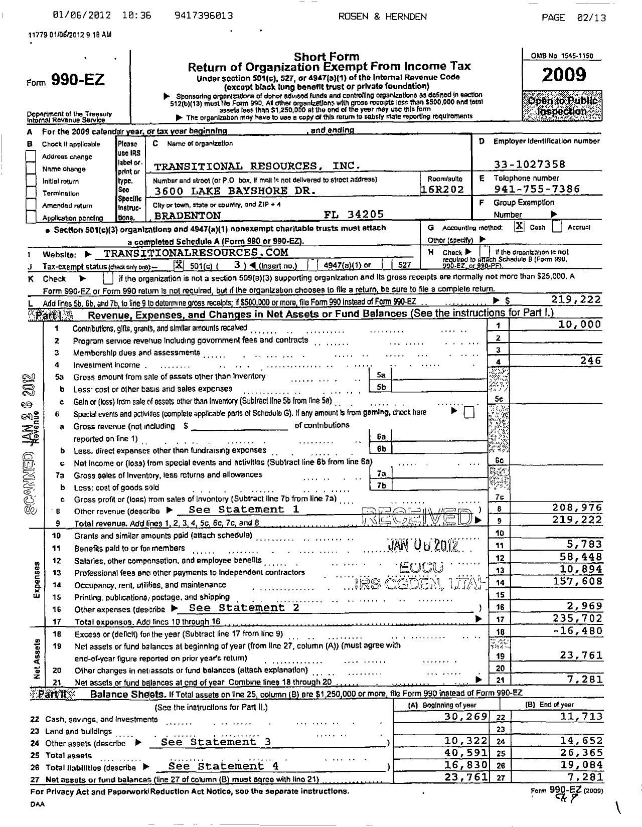 Image of first page of 2009 Form 990EZ for Transitional Resources