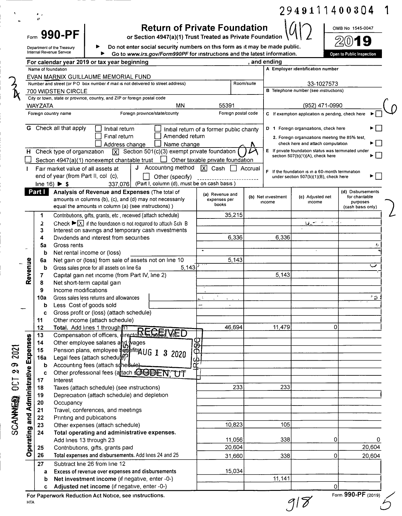 Image of first page of 2019 Form 990PF for Evan Marnix Guillaume Memorial Fund