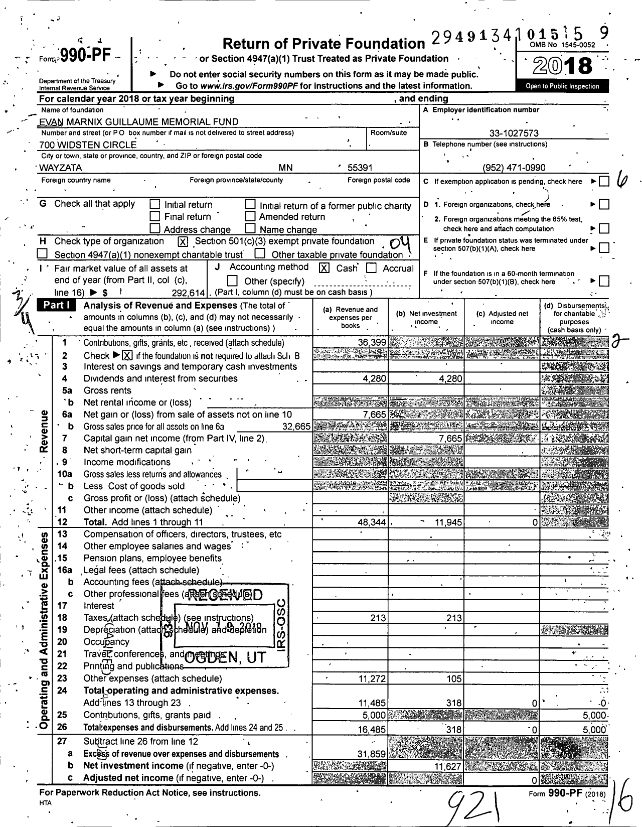 Image of first page of 2018 Form 990PF for Evan Marnix Guillaume Memorial Fund