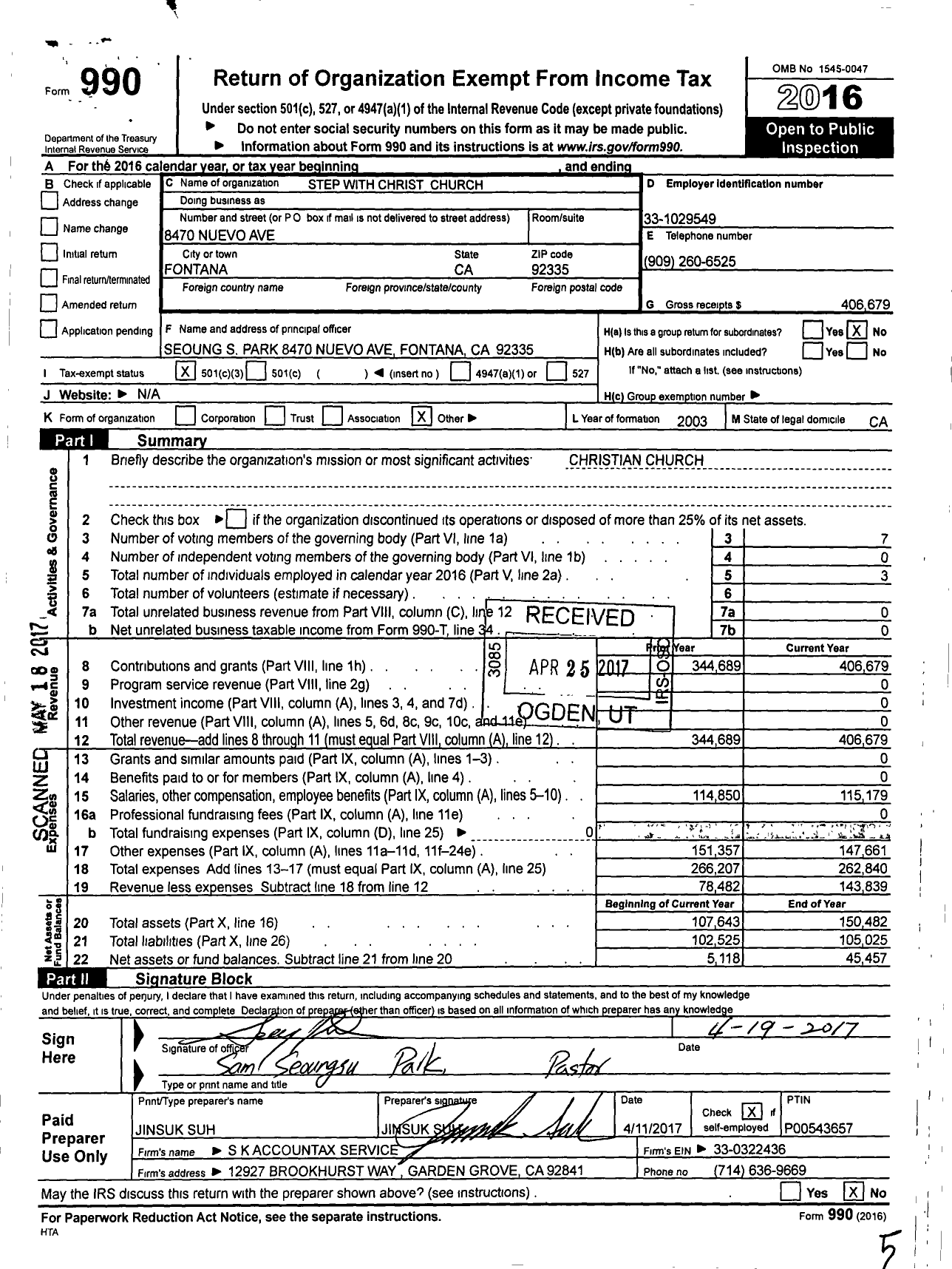 Image of first page of 2016 Form 990 for Step with Christ Church